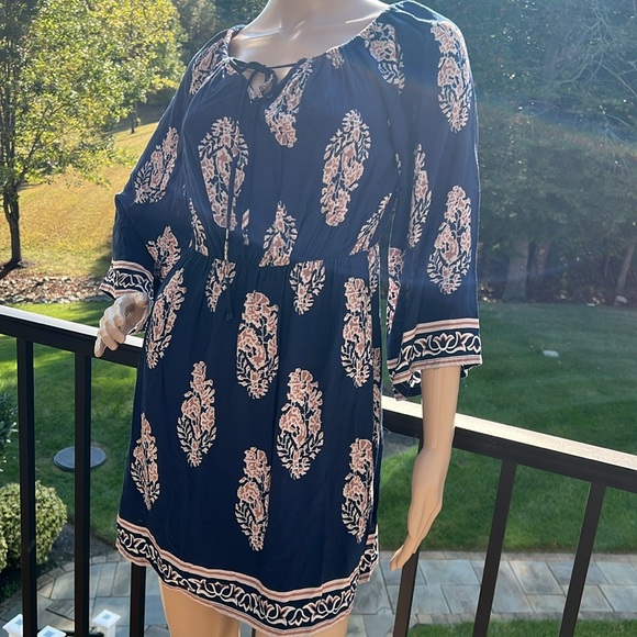 Boho cute navy/tan off shoulder tie front mini dress SZ M - Picture 2 of 10